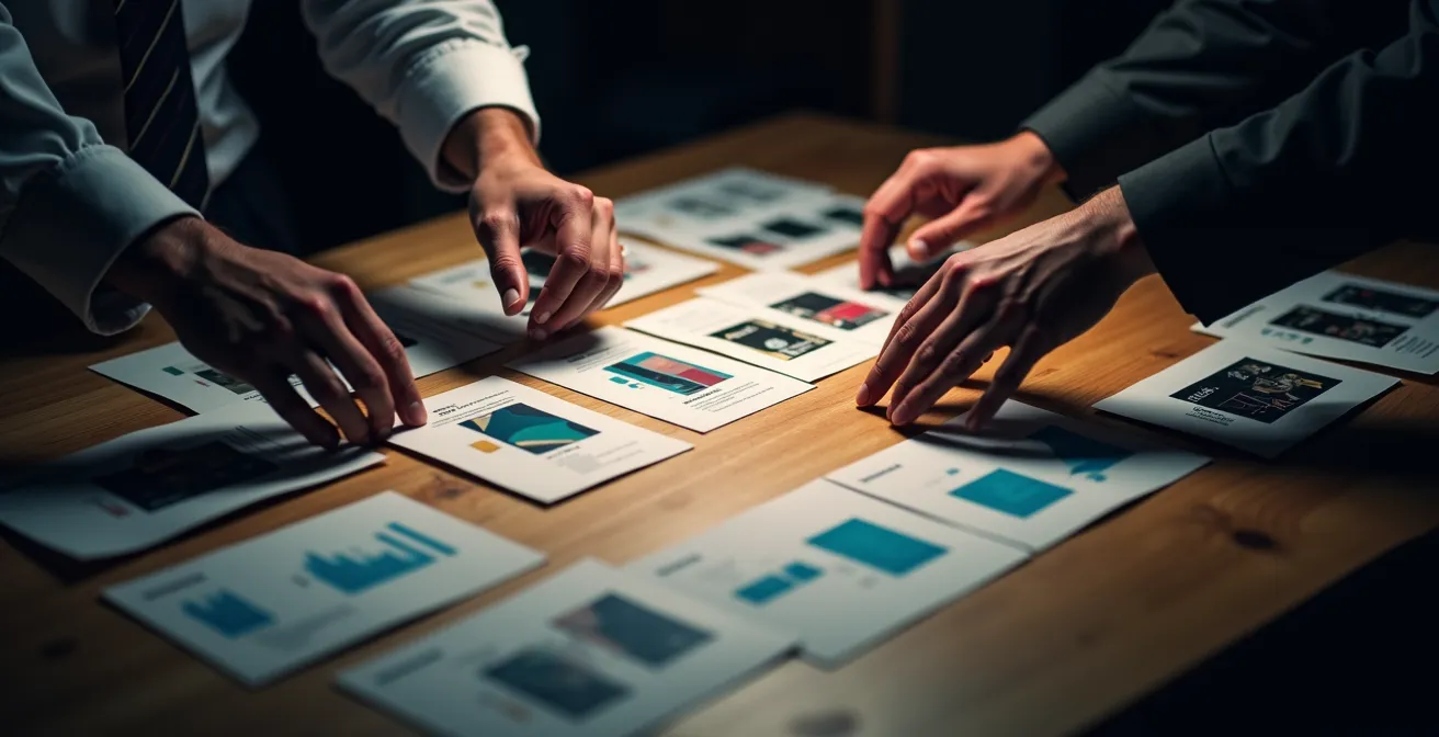 Showrunner presenting storyboards and visual concepts to defend creative vision