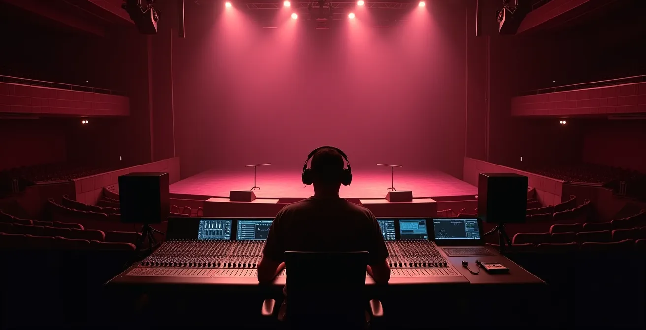 Sound engineer adjusting parametric EQ during room ring-out process in challenging acoustic space
