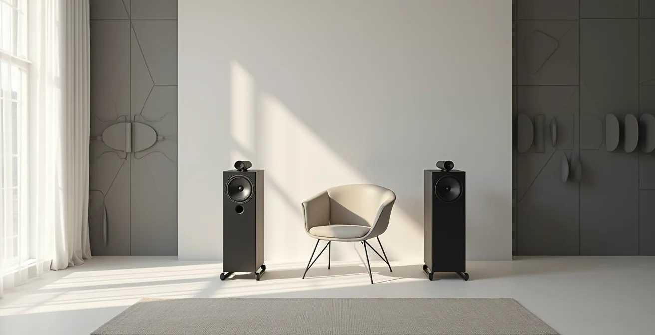 Wide angle view of minimalist listening room with two bookshelf speakers and listening position forming perfect triangle, emphasizing spatial relationships