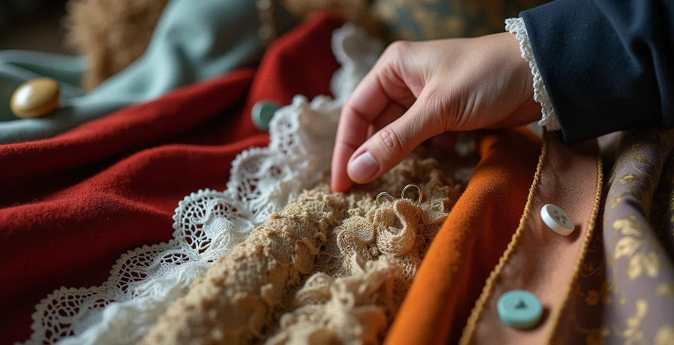 Theatrical costume designer examining period clothing on vintage hangers