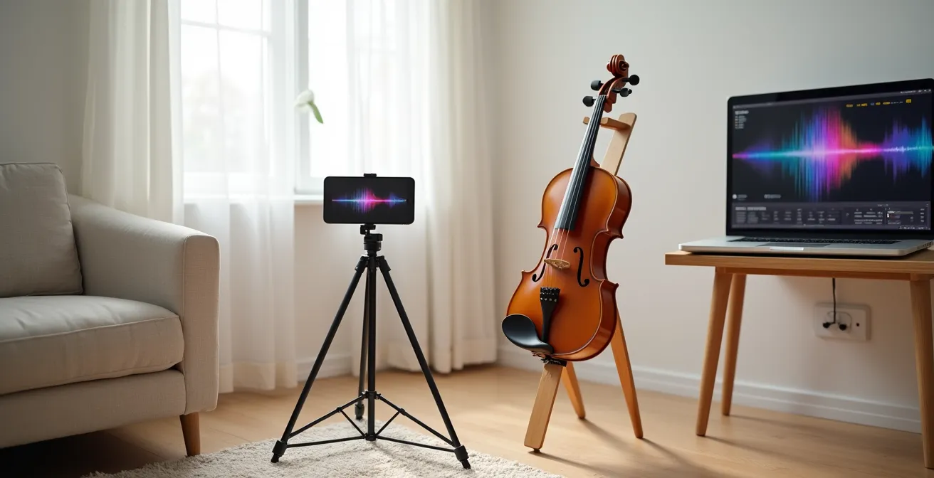 Professional setup showing violin on stand with smartphone recording device and spectrum analyzer display in background
