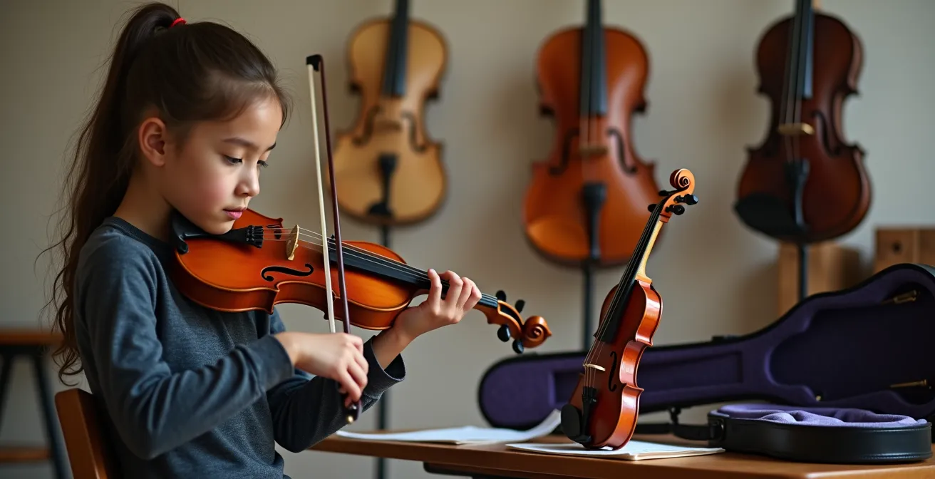 Young student comparing fractional and full-size violins with teacher observing proper bow arm extension